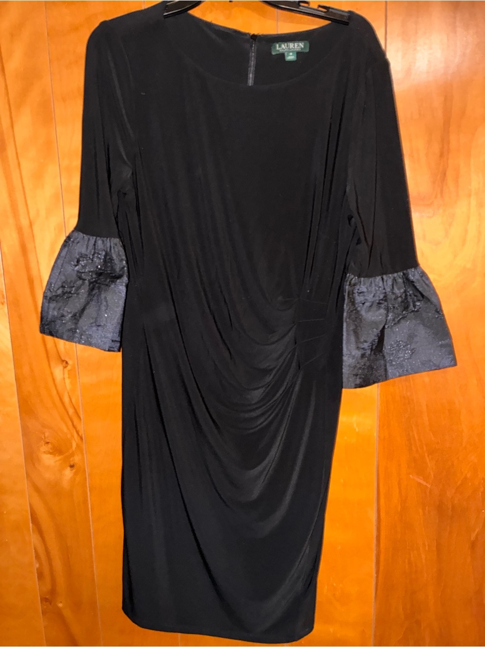 Lauren Ralph Lauren Black Draped Sheath Dress with Bell Sleeves Sz 16